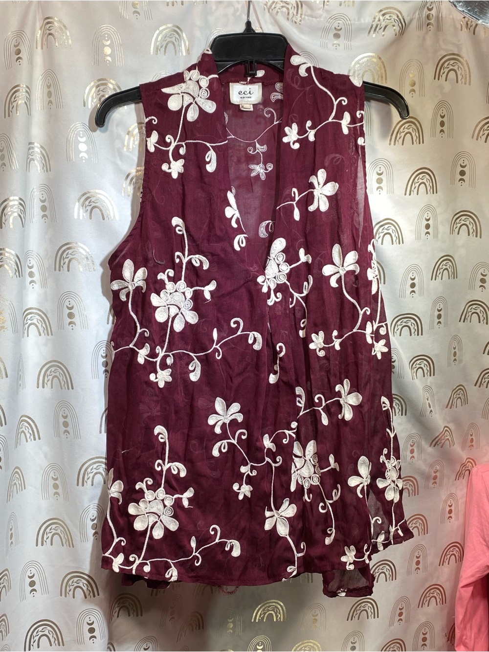 ECI Burgundy Sleeveless Floral Embroidered Tank